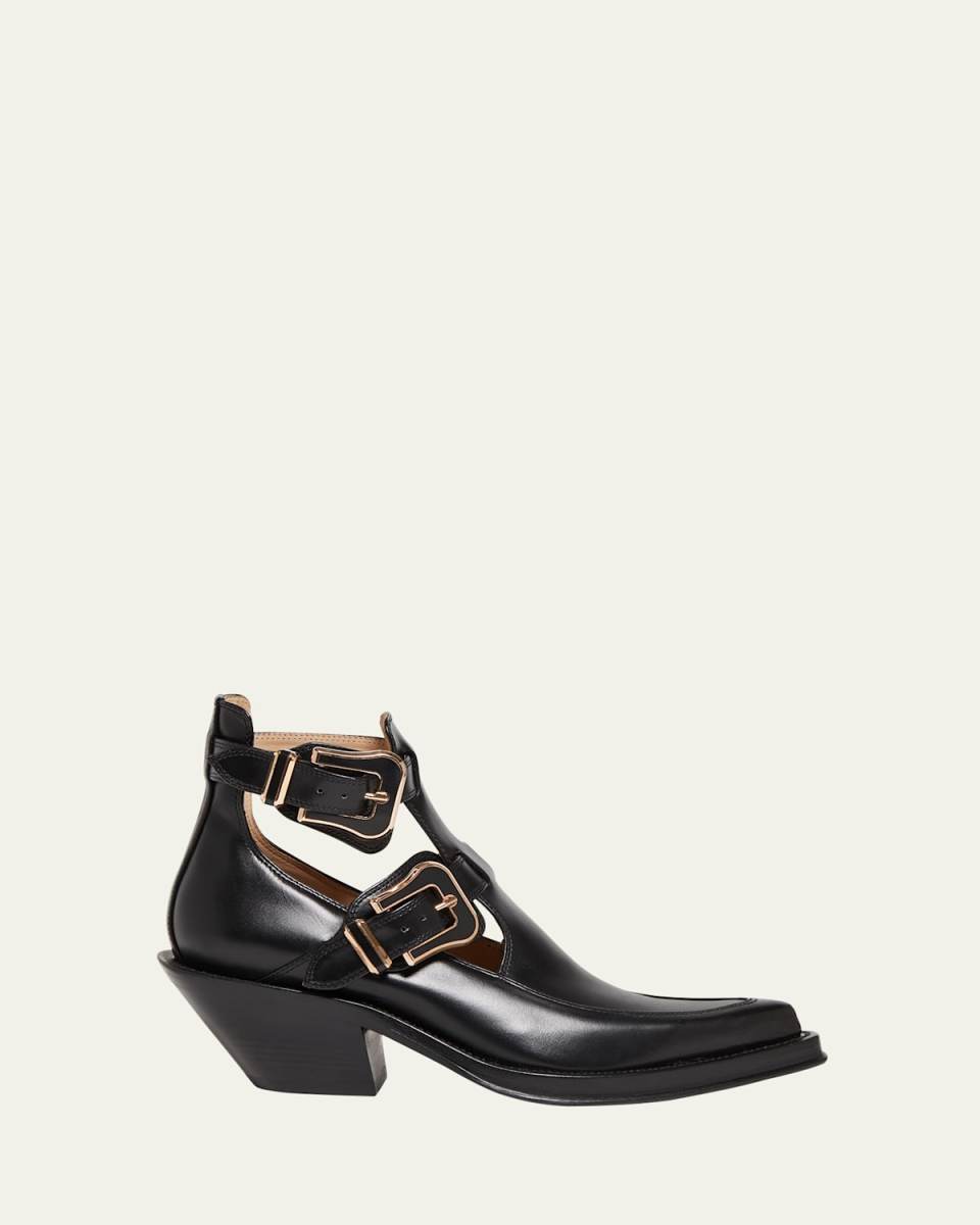 Leather Buckle Cutout Ankle Booties